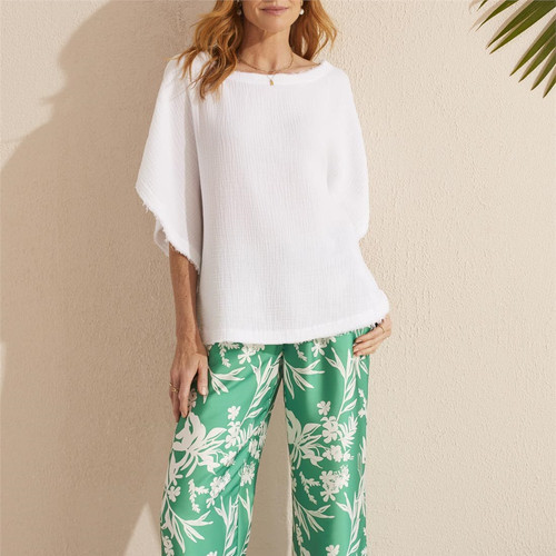 Haut Large Femme - Col V, Manches Chauve-souris, Bordure Plissée, Idéal Pour Quotidien, Plage Ou Sortie