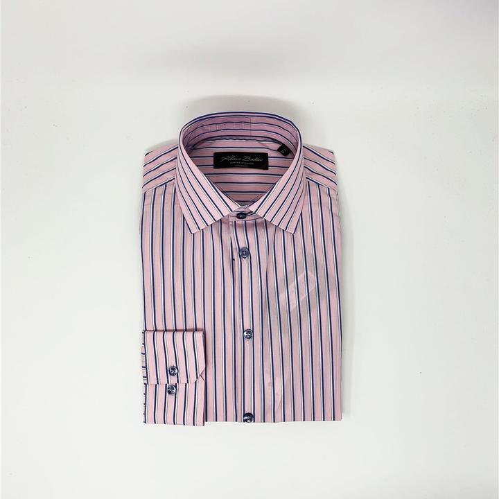 pink and white vertical striped shirt