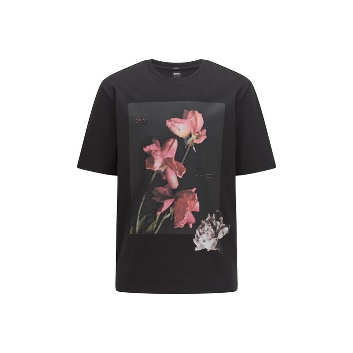 TFLOWER Cotton T-shirt with floral artwork S Black Relaxed Crew