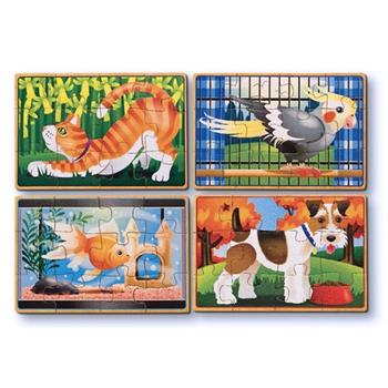 Coffret de 4 Puzzles / Casse-Tête de 12 pièces - Bois - Animaux Familiers - 3  ans+