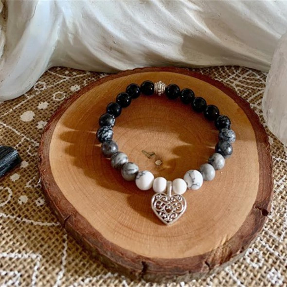 Bracelet En Bois Artisanal Vintage - Diamètre Intérieur 6,5 Cm, Couleur Écru/Noir, Motif Fleurs