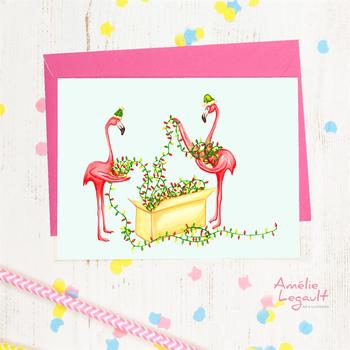 Carte Flamants roses à Noël